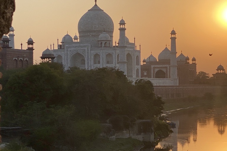 Taj Mahal at sunset from across the Yamuna river